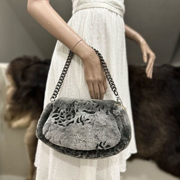 Gray Gradient Handmade Real Shearling Rose Embossed Shoulder Bag/Crossbody Bag - Picture 9 of 16